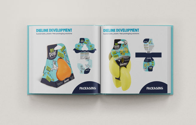 Brand guide book pages featuring a triangular box and a uniquely shaped interlocking circular toy holder.