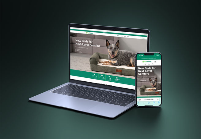 A mobile and desktop mock-up of the FurHaven dog bed ecommerce store website.