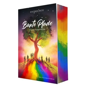das bunte cover der queeren anthologie des weltenbaumverlags mit einem gezeichneten baum im zentrum, von dem auf einem hügel ein regenbogen herabfliest. der farbschnitt hat ebenso regenbogenfarben