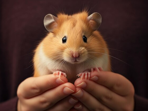 Golden hamster being gently held in human hands against a dark background.
