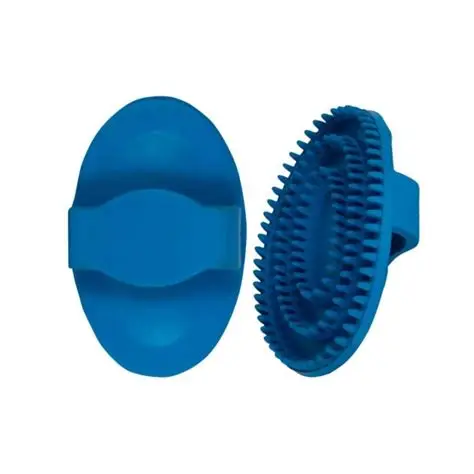Two blue rubber curry combs, one showing the bristles, the other the handle, against a plain white background.