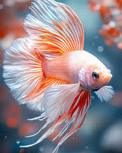 Close-up of a flowing pink and white Betta fish swimming in an aquarium.