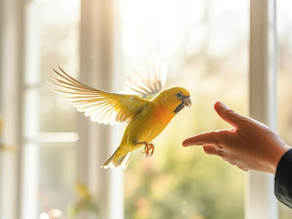 a yellow bird flying towards a hand.