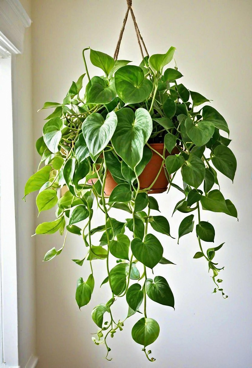 Hanging green potted plant with heart-shaped leaves against a light wall, creating a fresh, vibrant atmosphere in the room.