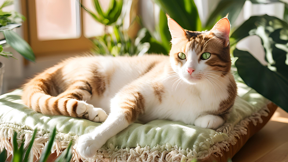 Tabby cat with green eyes lounging on a green cushion in a sunlit room surrounded by plants, creating a serene and cozy vibe.