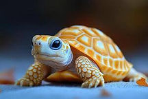 A tiny tortoise on the ground, surrounded by few scattered dried leaves