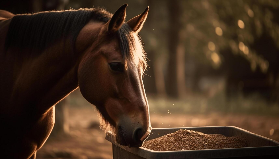 A brown horse eats from a container of feed in a softly lit, serene outdoor setting, with blurred trees in the background.
