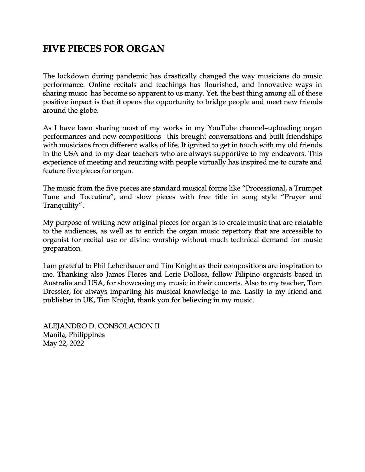 Five pieces for Organ (PDF Download)