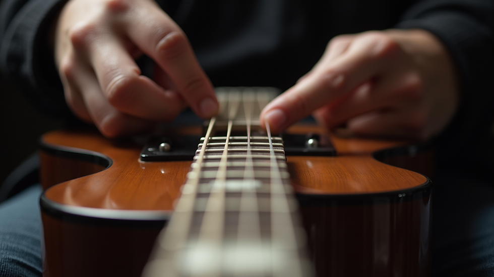 Eye-level view of a guitar neck with fingers pressing down on the strings