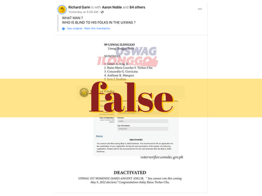 Photo showing deactivated voter status of USWAG Ilonggo partylist 1st nominee false