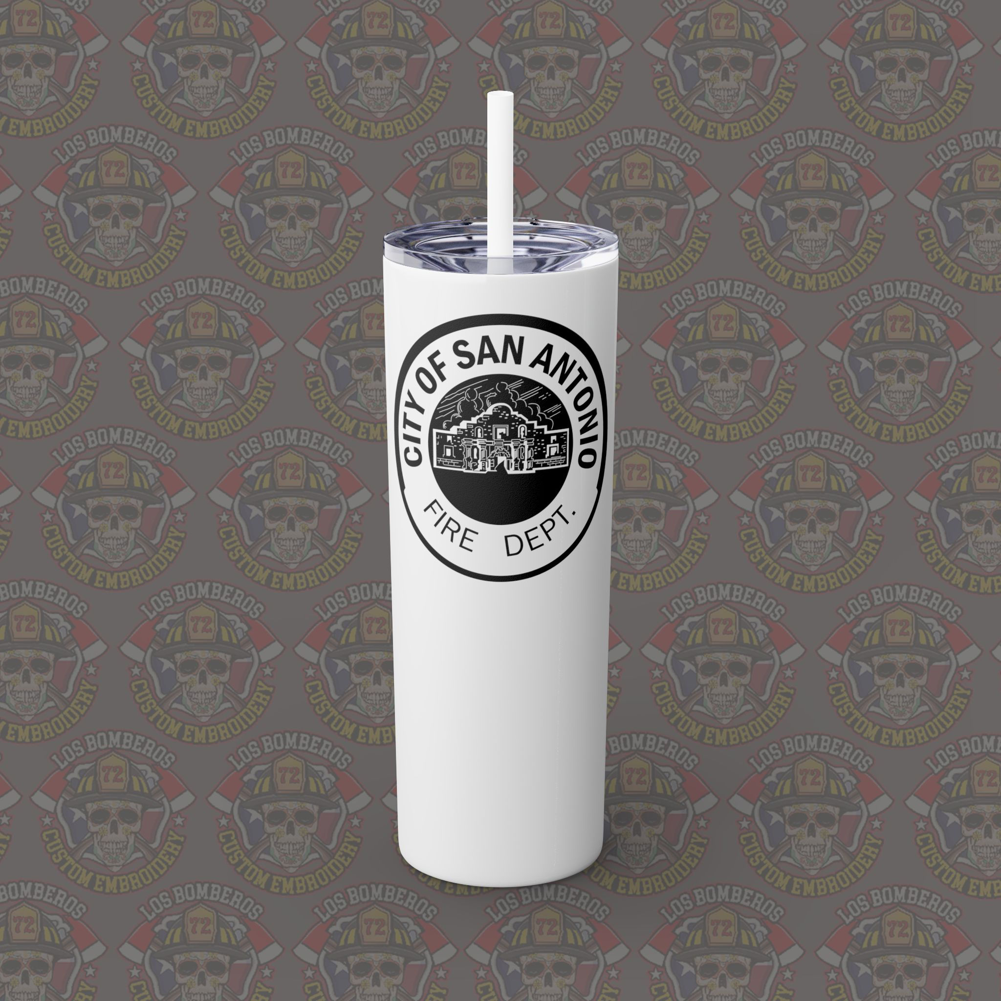 City Of San Antonio White Skinny Tumbler with Straw, 20oz
