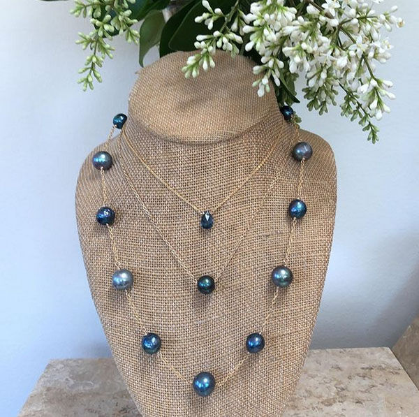 Thumbnail: Shades of Blue pearls on 14k gold filled chain