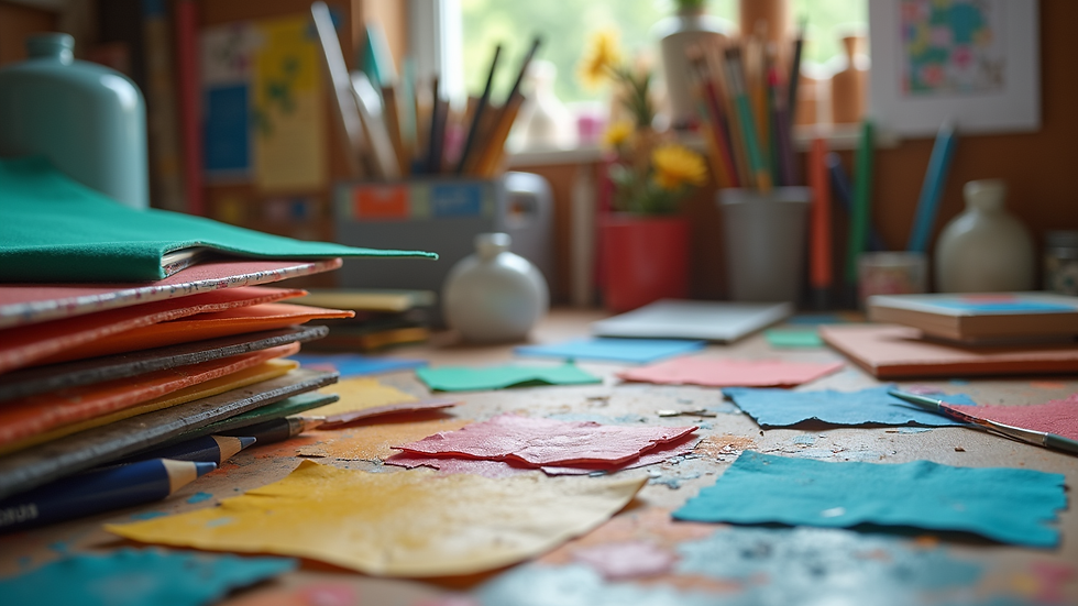 Eye-level view of a colorful art supply station with various materials