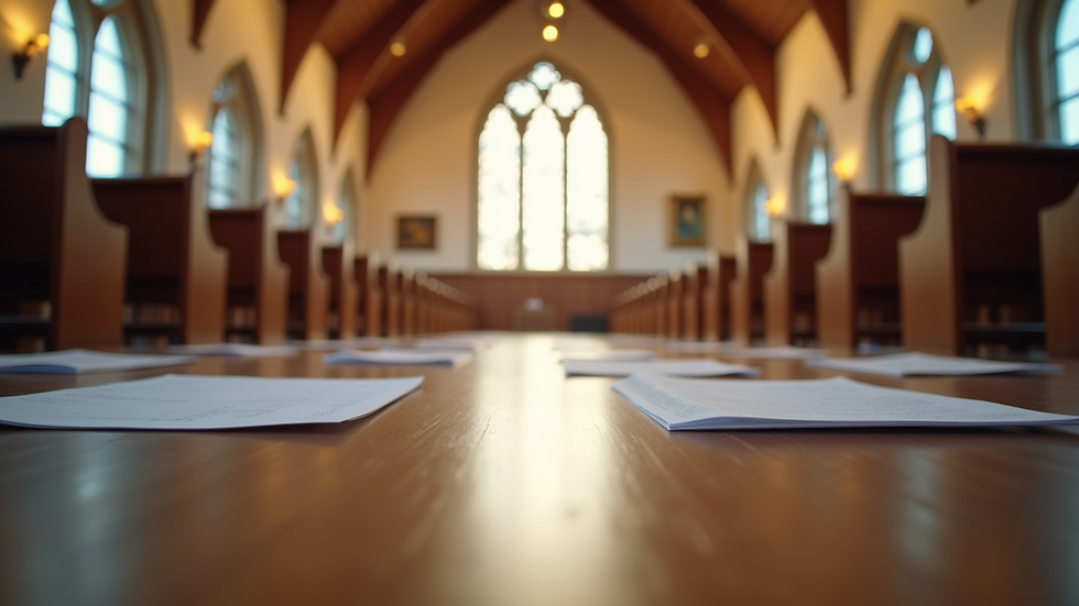 Eye-level view of a church meeting room with event planning materials