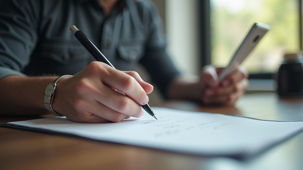 Close-up view of a person writing notes during an online coaching session