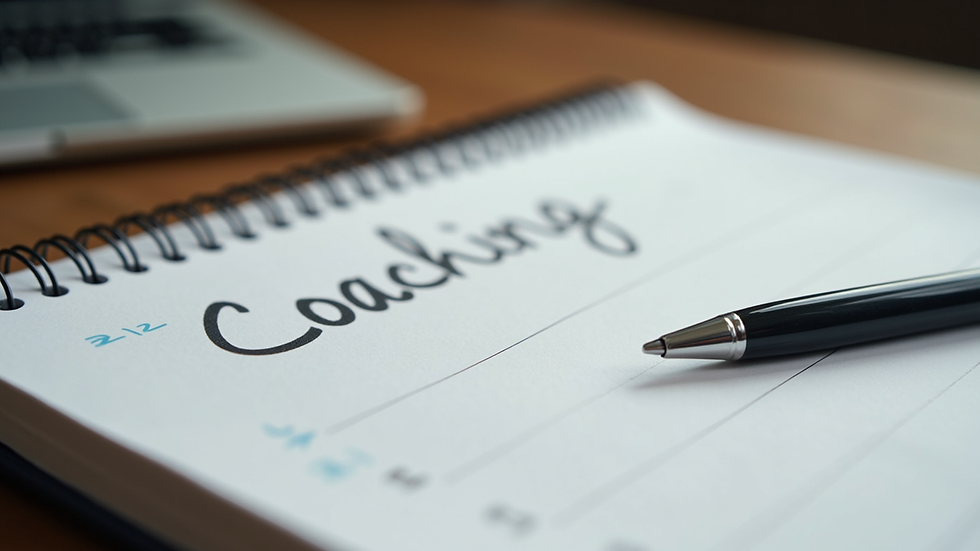 Close-up view of a notebook with coaching notes and a pen