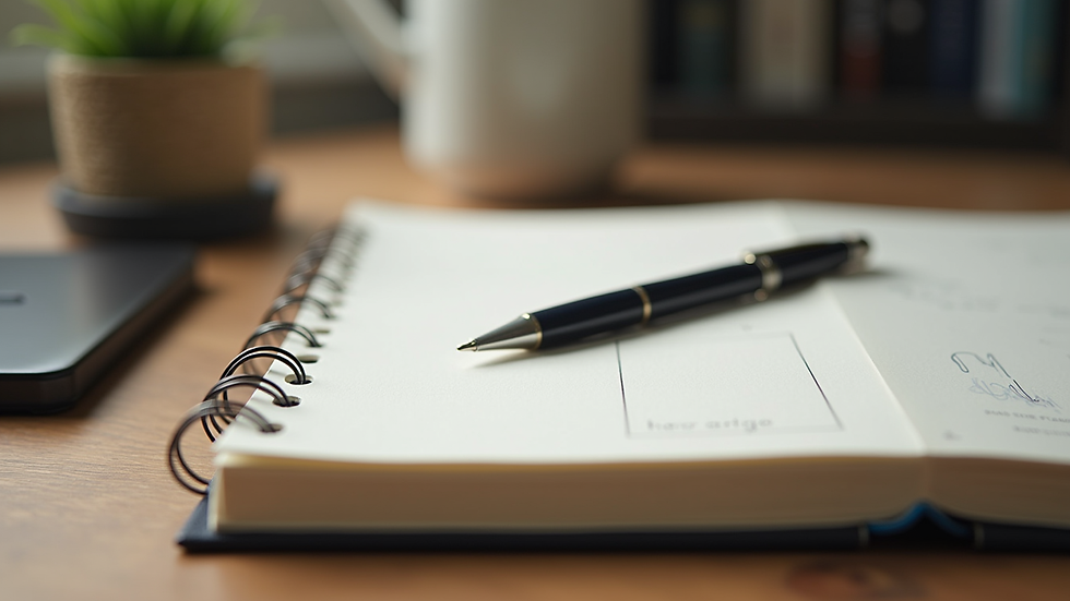 Close-up view of a journal and pen on a wooden desk, symbolizing personal growth