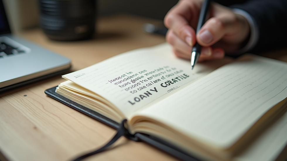 Close-up view of a journal with motivational quotes and a pen on a desk