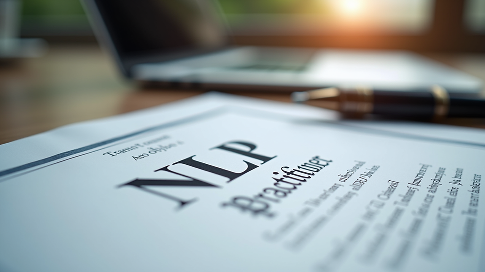 Close-up view of a certificate of NLP practitioner on a desk