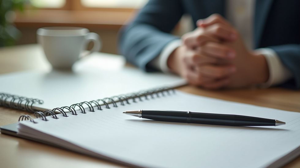 Close-up view of a notebook and pen on a desk with a cup of coffee, symbolizing coaching and learning