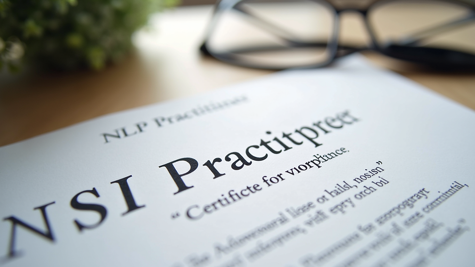 Close-up view of a certificate with NLP Practitioner title