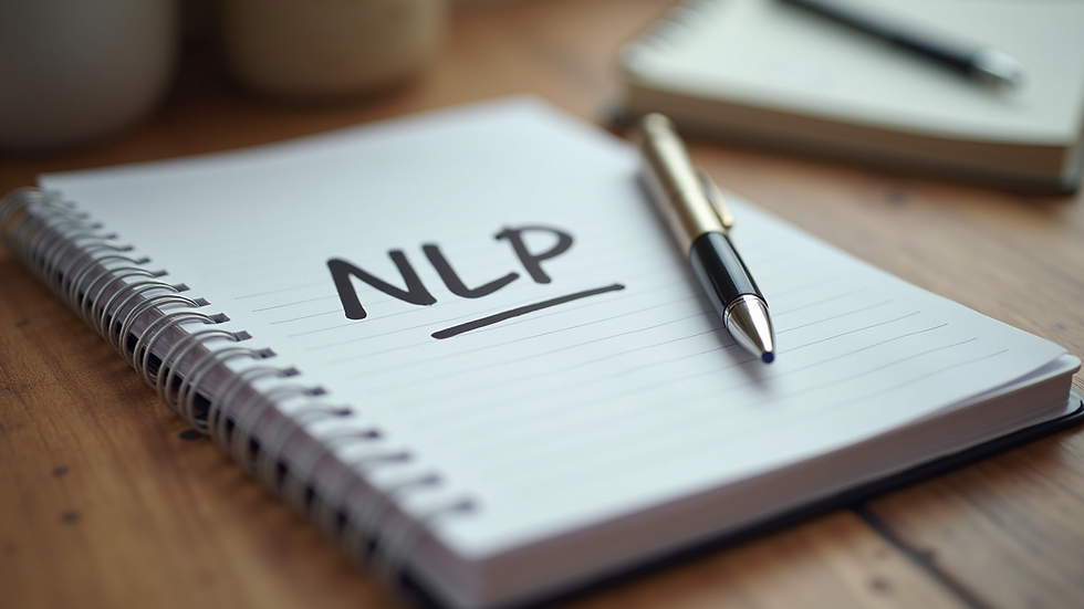 Close-up view of a notebook with NLP notes and a pen on a wooden desk
