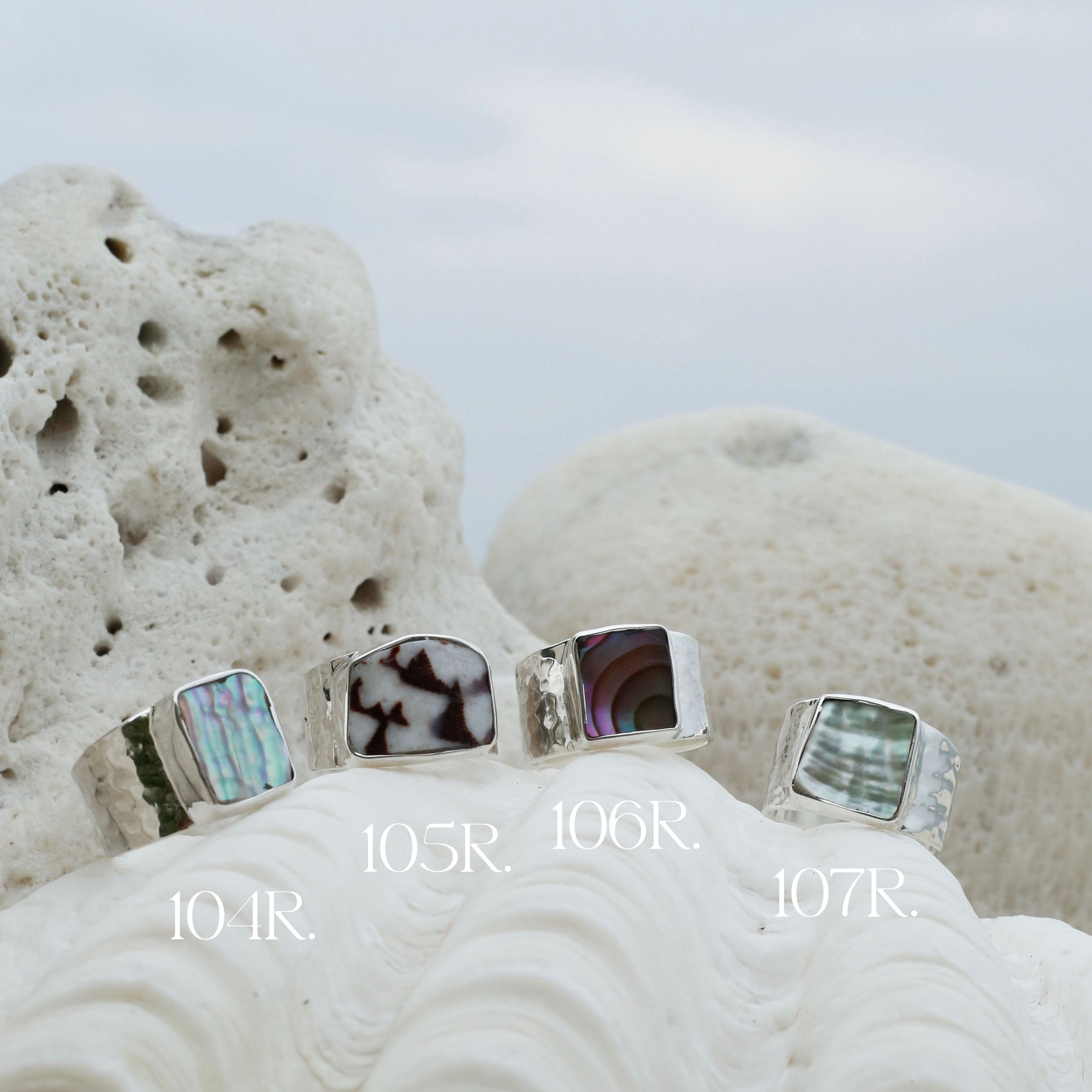 Wide band silver shell rings