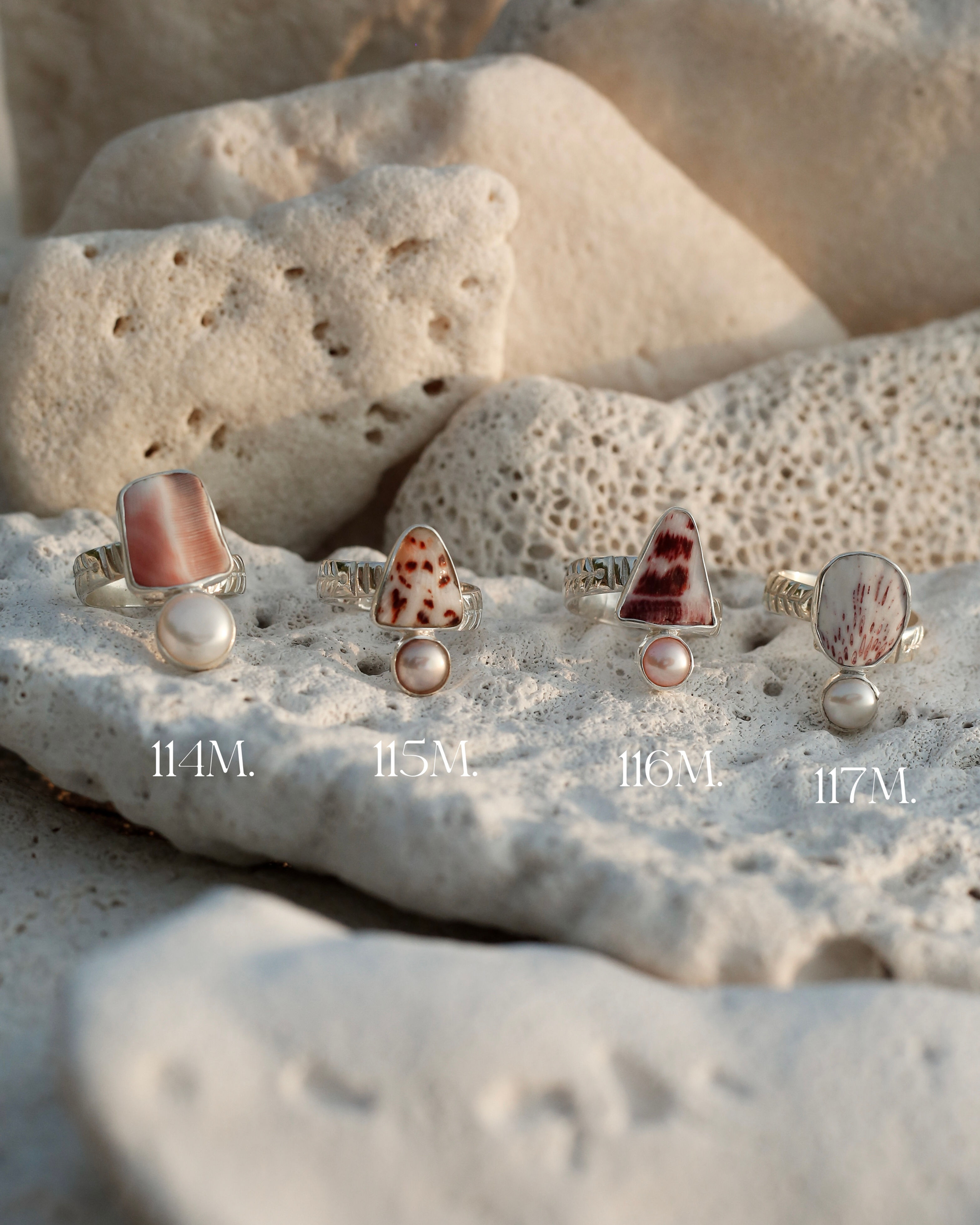 Silver shell rings with fresh water pearls