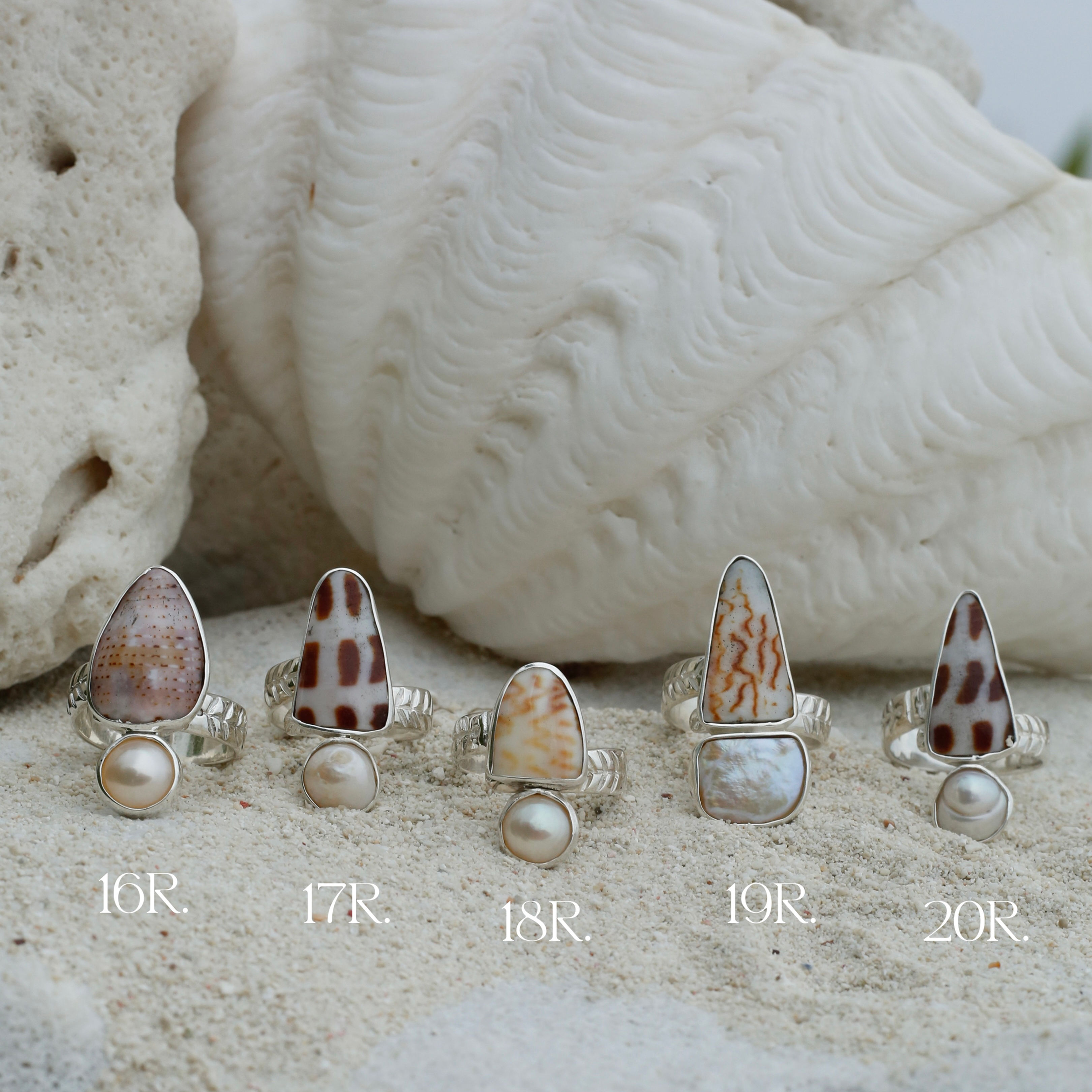Silver shell rings with pearls from Mentawai Islands