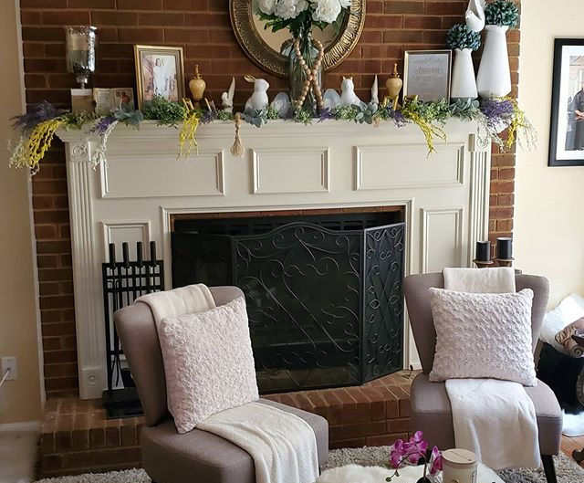 Celebrate Easter! Decorate a mantel with greener, bunnies, flowers, candles and vases.