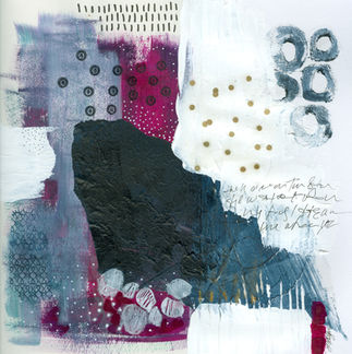 Gold dots abstract mixed media artwork by Laura Logan