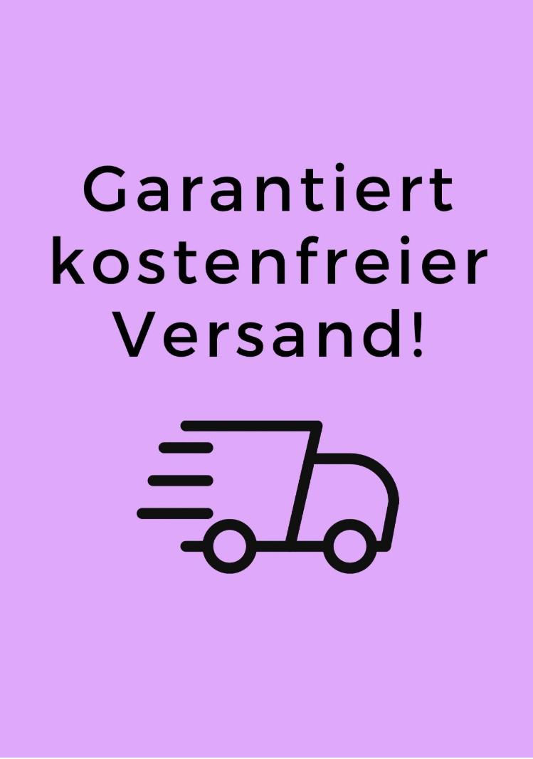 Miniaturbild: Hellvioletter Hintergrund mit dem Text "Garantiert kostenfreier Versand!" in Schwarz. Darunter eine schwarze Grafik eines Lie
