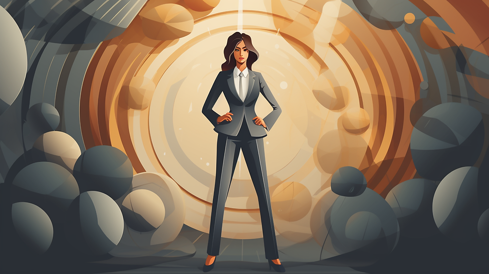An empowering illustration of a resilient businesswoman, clad in a suit, confidently standing her ground amidst a turbulent storm. Her determined gaze and firm stance embody personal evolution and the capability to navigate the storms of change, underscoring the power of resilience in shaping our journey.