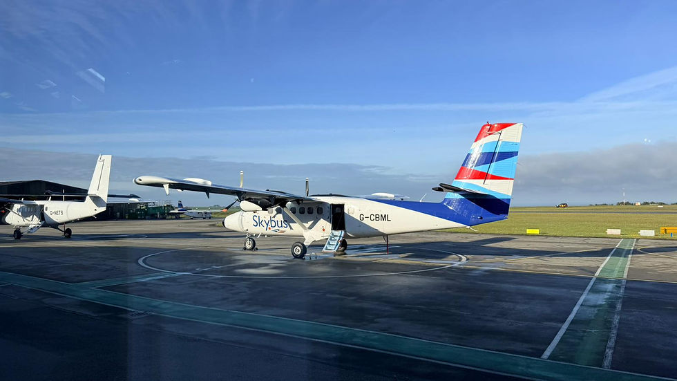 Isles of Scilly Skybus aircraft on the runway, showing one of the easiest ways to fly to the islands.