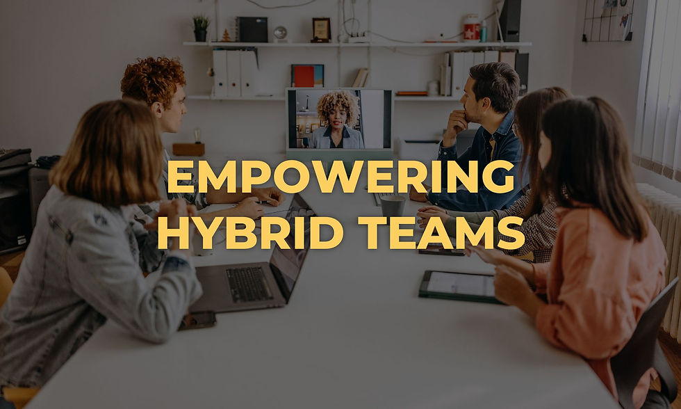 Motivated, diverse team members collaborating on a project, emphasizing the importance of proactive communication and ownership in a successful hybrid workforce.