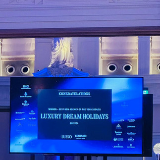 LUSSO Luminari Awards 2025 winner announcement screen showing Luxury Dream Holidays Bristol Best New Agency