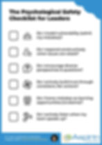 Infographic checklist titled 'The Psychological Safety Checklist for Leaders.' Lists 6 questions for leaders: Do I model vulnerability? Do I respond constructively to issues? Do I encourage diverse perspectives? Do I actively build trust? Do I frame mistakes as learning? Do I actively listen? Features icons for each point. Aspirin Business Solutions logo at bottom.