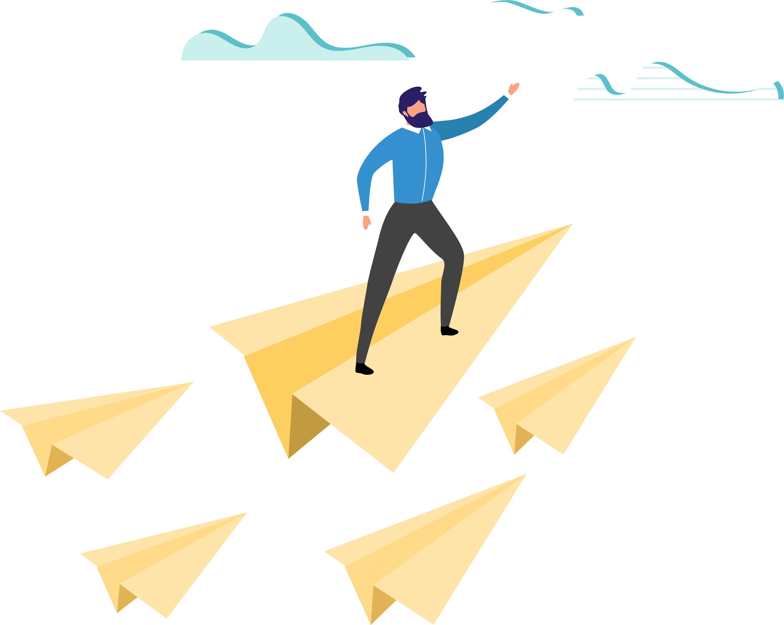 Man flying to success on paper airplanes - motivational maps
