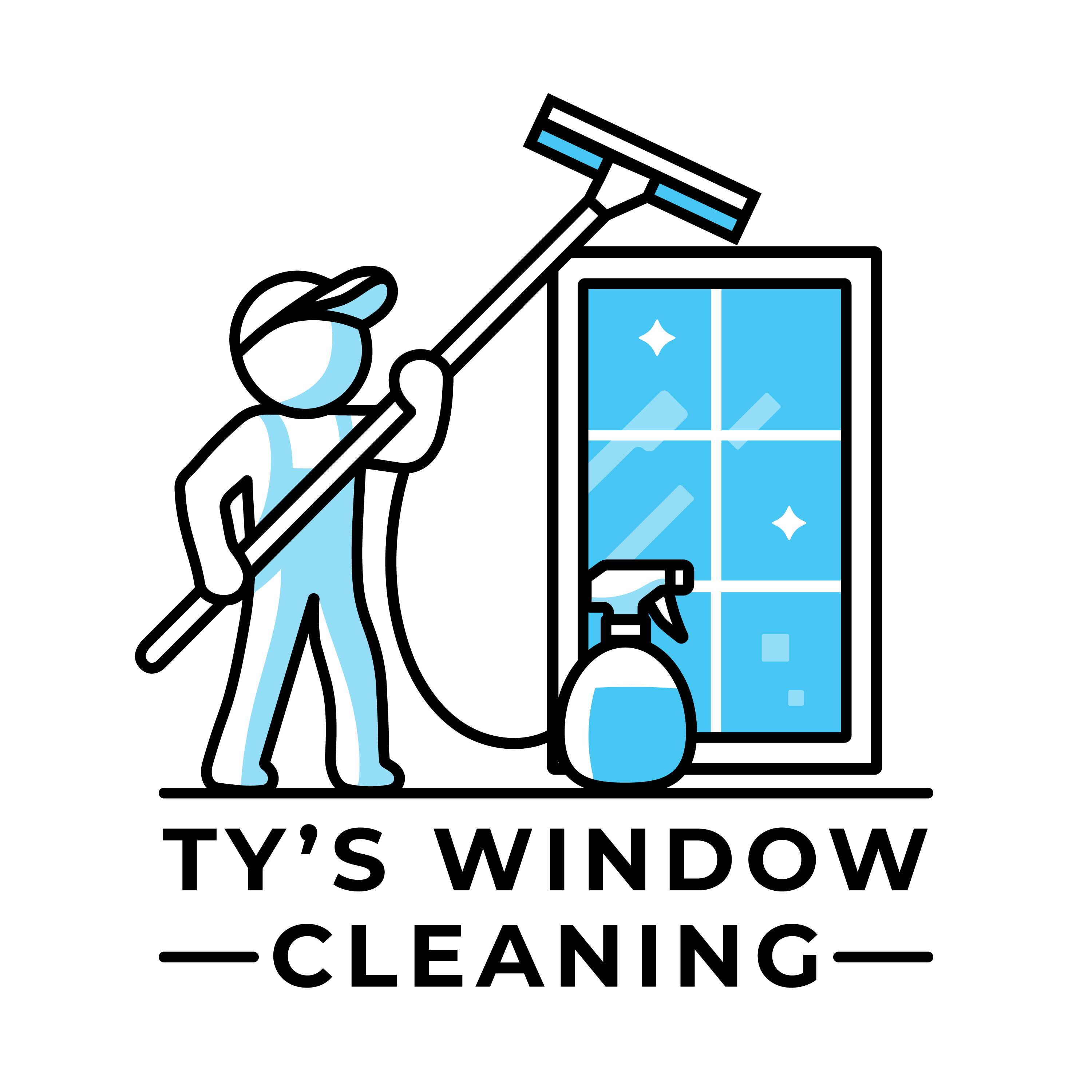 Logo for Ty's Window Cleaning in Poole & Bournemouth: Cartoon window cleaner using a pure water system pole on a sparkling window, offering domestic and commercial cleaning.