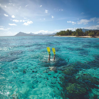 A person snorkelling off the coast of Mauritius in the crystal clear waters. The photo shows only their legs, with fins, poking out of the water.