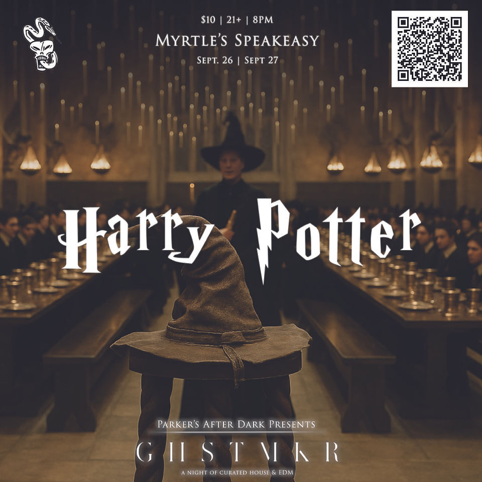 Harry Potter Night event flyer for Myrtle’s Speakeasy presented by Parker’s After Dark, featuring event date, time, and details.