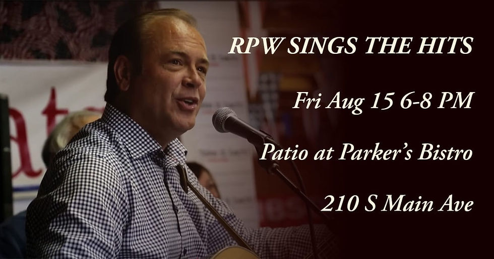 Musician Rick Weiland (RPW) performing live with guitar and microphone for Parker’s Bistro patio event in Sioux Falls, scheduled Friday August 15 from 6–8 PM.