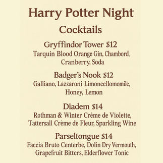 Harry Potter Night cocktail menu featuring Gryffindor Tower, Badger’s Nook, Diadem, and Parseltongue drinks with ingredients and pricing.