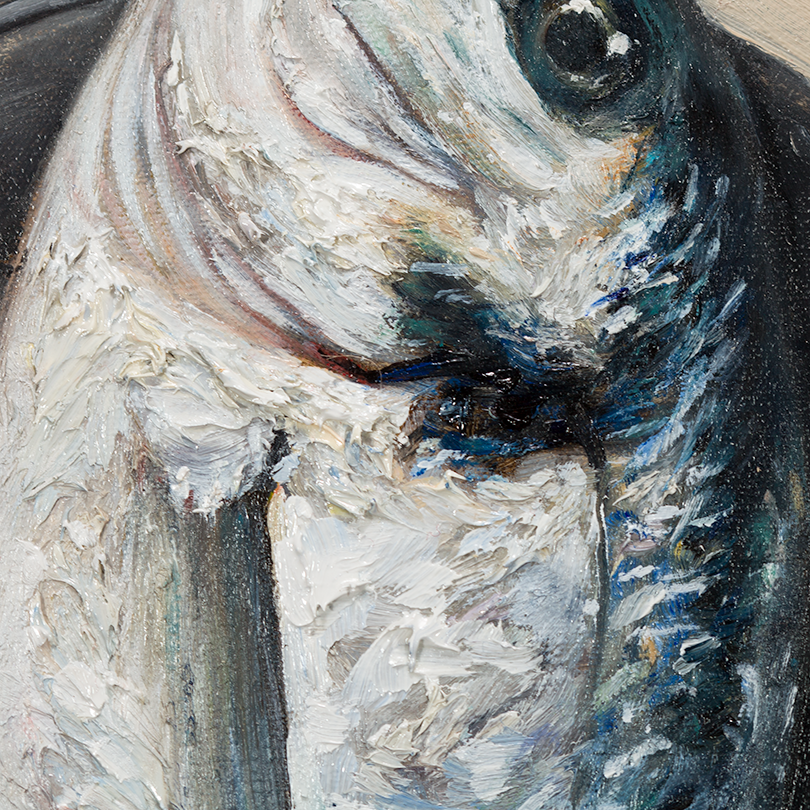 Thumbnail: a still life oil painting depicting a sea-bream on a silver plate