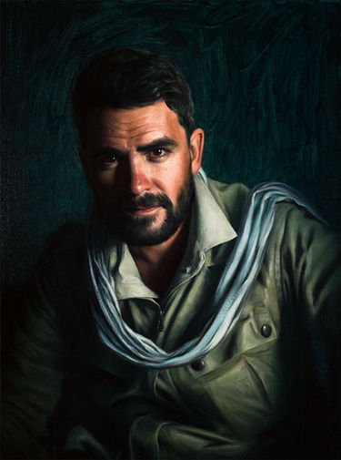 Professional portrait artwork in oils, created with a focus on realism depicting the portrait of Levison Wood, with a textural mark making, a dark background.