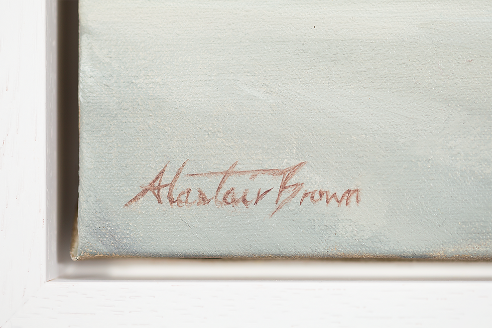 Thumbnail: a close up photo of Alastair Browns signature signed on the bottom corner of a canvas