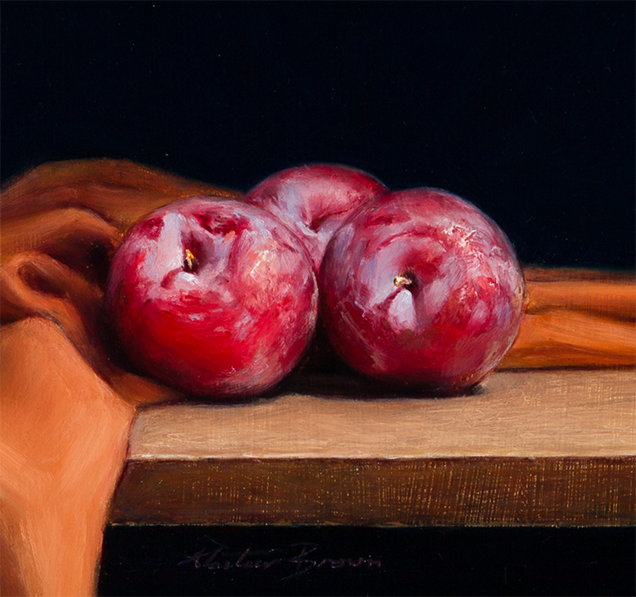 Thumbnail: a still life oil painting by depicting three dusky plums with a dark background and draped fabric