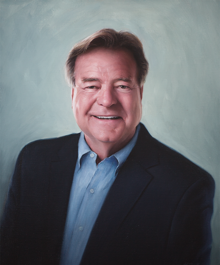 Professional highly detailed oil portrait commission, created with a focus on realism depicting an head and shoulders portrait of a man in a navy blue suit