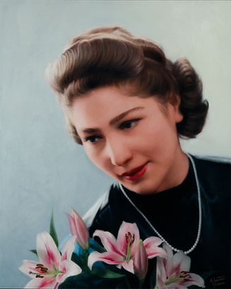 Professional highly detailed oil portrait artwork, highly realistic portrait of Maria a young woman with brown hair, holding a bunch of pink and white lillys