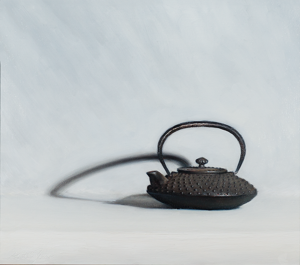 a still life oil painting depicting a Japanese kettle known as a tetsubin